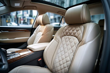 Modern Luxury car interior. White leather seats in the car.