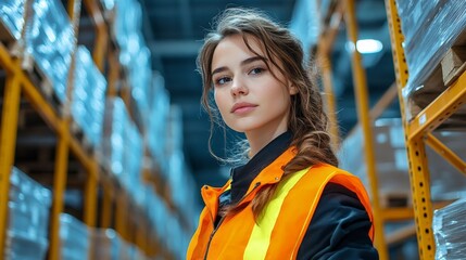 Female Warehouse Worker Wearing Safety Vest and Helmet, Smiling and Driving a Pallet Jack in Industrial Warehouse