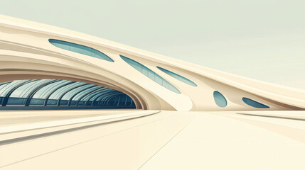 Obraz premium Modern futuristic building with sleek organic curves and large glass in a minimalistic architectural style under a clear sky