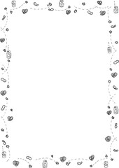 Hand-drawn movie night snack border vector doodle. Popcorn, potato chips, pretzels, and pop! The border you need to invite your pals to movie night!