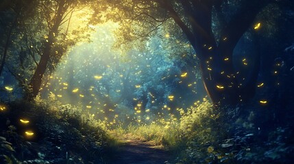 Fototapeta premium Enchanted Forest Path: Glowing Fireflies and Mystical Glow
