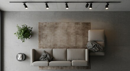 Living Room Interior with Sofa, Lighting, and Decor From Above