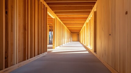 Fototapeta premium Interior view of a wooden-framed building under construction with sunlight streaming through