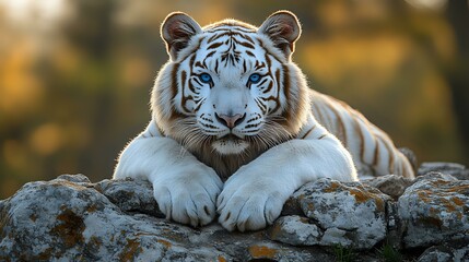 Majestic white tiger resting on rocky surface with intense blue eyes and striking black stripes, displaying calm yet powerful presence against blurred natural background.