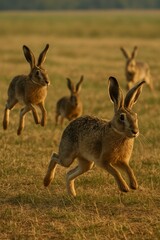 Fototapeta premium Hares Running Across a Summer Meadow