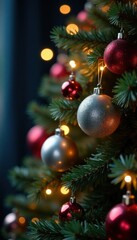 Fototapeta premium Close-up of colorful Christmas tree with glittering ornaments and soft glowing lights , tree, decoration