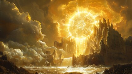 Infographic on the Book of Enoch combining futuristic elements with Pseudepigrapha and enochian literature highlighting fallen angels and Nephilim in a hyper realistic style with space for annotations