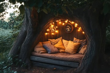 A cozy reading nook set up in a tree with fairy lights and cushions