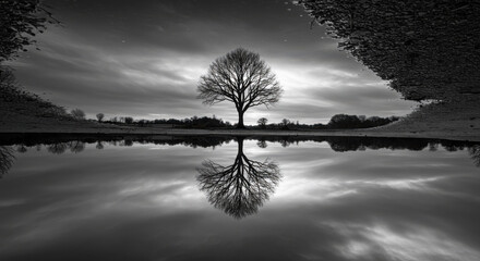 Fototapeta premium Monochrome Landscape with Silhouetted Tree and Reflective Water in Dramatic Twilight