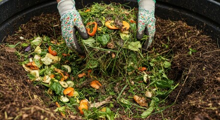 Photorealistic close-up view inside an outdoor compost bin or pile, showing distinct layers of 'greens' (vegetable scraps, grass clippings) and 'browns'