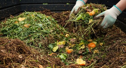 Fototapeta premium Photorealistic close-up view inside an outdoor compost bin or pile, showing distinct layers of 'greens' (vegetable scraps, grass clippings) and 'browns'
