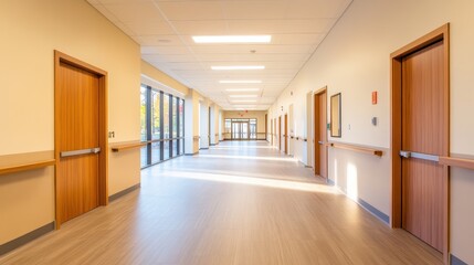 Fototapeta premium Bright and spacious hospital corridor with wooden doors and natural light illuminating the space