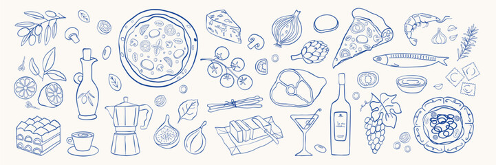 Italian food doodle icons. Pizza, pasta, tomato, lemon, cheese, olive, wine vintage drawing.