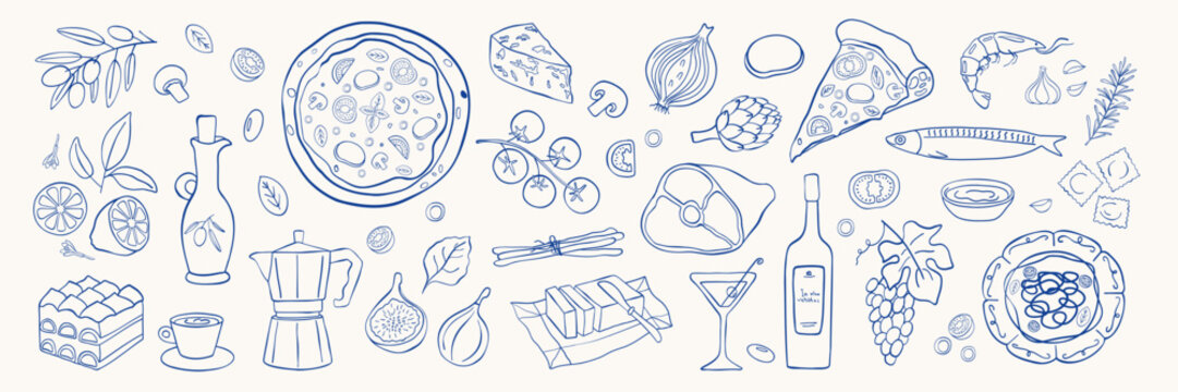 Naklejki Italian food doodle icons. Pizza, pasta, tomato, lemon, cheese, olive, wine vintage drawing.