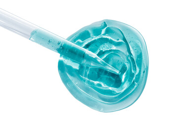 Pipette with liquid serum or lab medicaments blue white background isolated