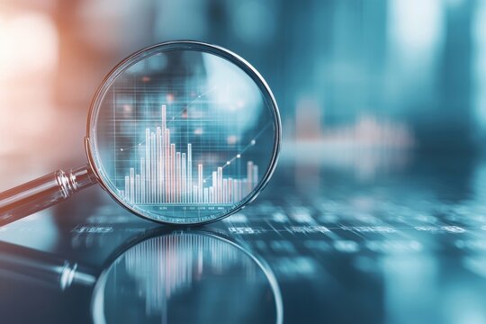 A magnifying glass focuses on a financial graph, symbolizing analysis and data interpretation in a modern digital environment.