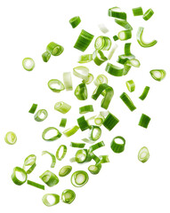 green onion sliced flying isolated on transparent background