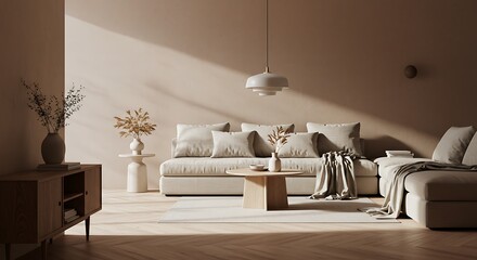 Living Room Interior with Sofa, Wood Floor, and Neutral Decor