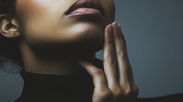 A woman's close-up shows her touching a sore throat.  The image, on a gray background, illustrates concepts like thyroid issues, painful swallowing, tonsillitis, and laryngeal swelling