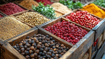 Vibrant Spices in Wooden Boxes at a Market