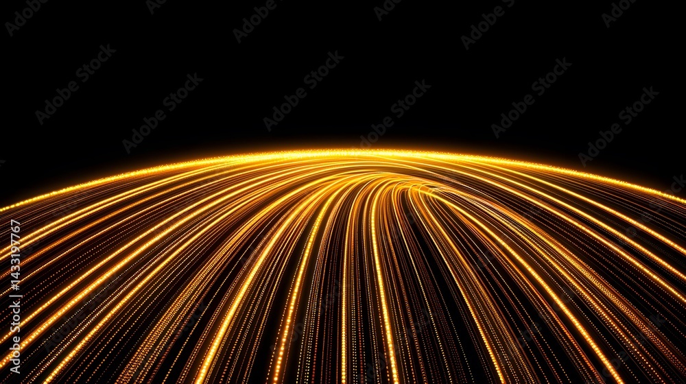 Wall mural the image shows a digital rendering of numerous glowing golden streaks of light curving upward and c