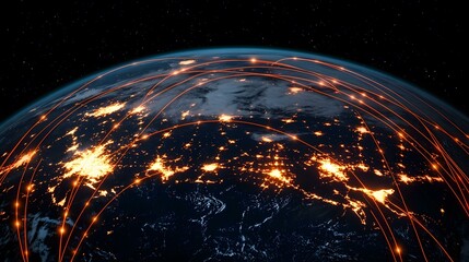 The image shows a nighttime view of Earth from space, with illuminated city lights and glowing orange lines connecting them, representing global communication networks.