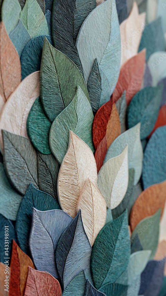 Aufkleber close-up of textured leaf shapes in various muted earth tones, creating a natural and calming patter