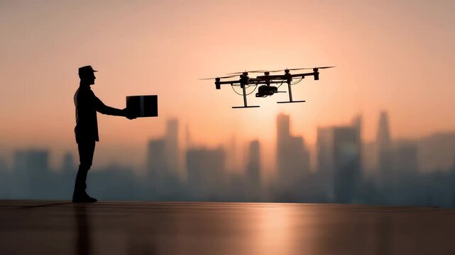 未来都市でドローンが配達するシーンのシネマティック映像