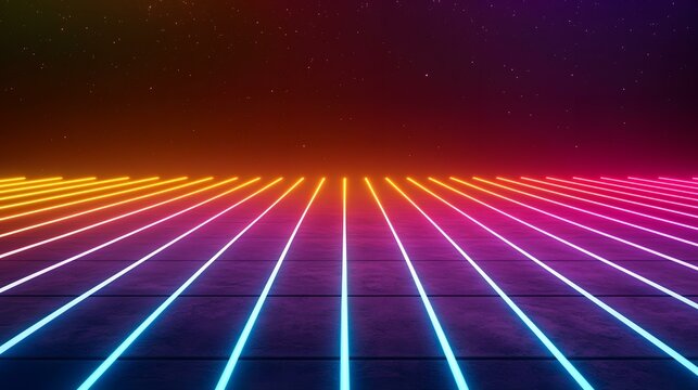 The image shows a dark background with a starry night sky, and a ground plane with many parallel neon lines of vibrant colors radiating from the center; the lines transition from bright yellow-orange