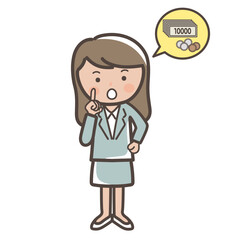 お金について考える女性ビジネスマンの全身イラスト