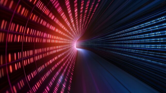 The image shows a digital tunnel with glowing lines of binary code forming a swirling vortex effect with warm and cool colors.