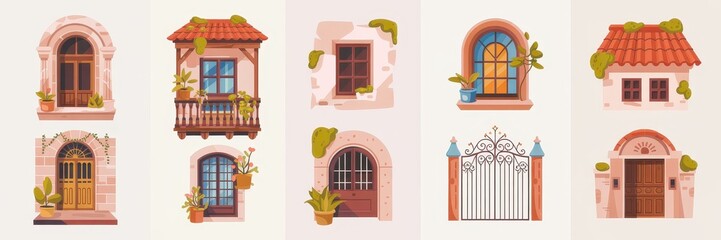 Collection of vintage building facades with decorative elements