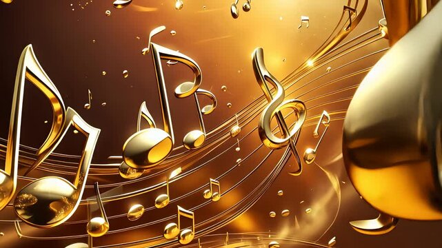 Golden musical notes floating through a vibrant abstract background, capturing the essence of music, sound, and harmony in a dynamic visual style.

