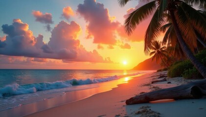 Sunset over palm-lined beach with sandy shoreline and driftwood, vintage, wood, sunset