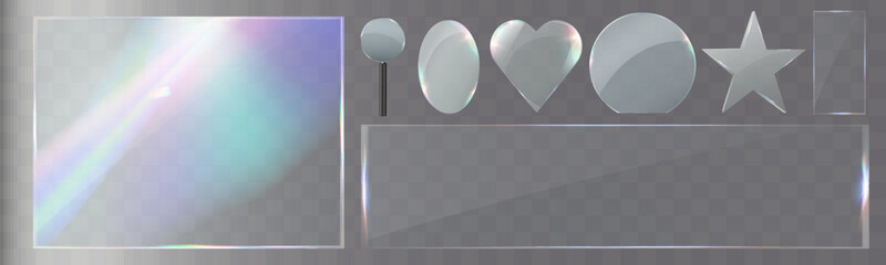 Transparent glass overlays with rainbow glare, prism effect, and glowing light reflections.	