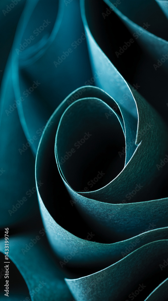 Poster Close-up of teal paper texture, swirling into abstract forms, creating depth and visual interest, ideal for design backgrounds or artistic projects