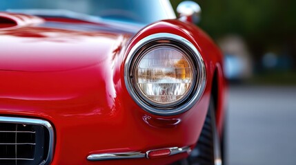 Classic red convertible car headlight.  Close-up of a vintage-style vehicle