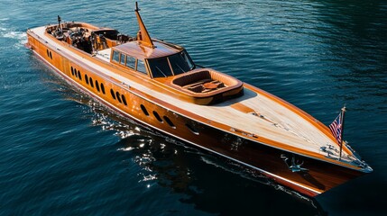 Atop the water, a magnificent, varnished wooden boat gleams.  Its spacious deck is visible from above.  This luxurious vessel is a sight to behold.
 
