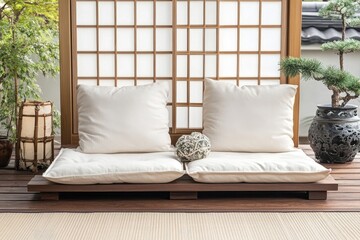 Cozy zen seating area on a wooden deck