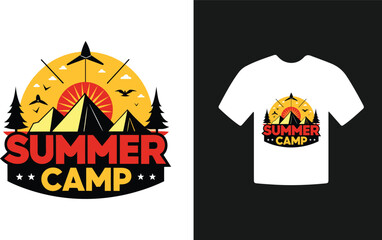Bold Summer Camp T-Shirt Design Vintage Tent Sunset Logo, Outdoor Adventure Badge for Hikers, Campers & Nature Lovers