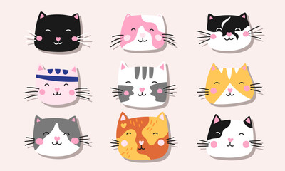 Cute seamless pattern with kawaii cat faces in a minimalist vector style. Ideal for stickers, scrapbooking, journaling, decals, baby products