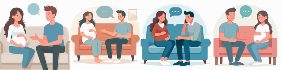 pregnant woman vector set talking to her husband