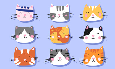 Adorable cartoon cats in a kawaii style vector set, perfect for stickers, textiles, children products, and playful pet-themed designs