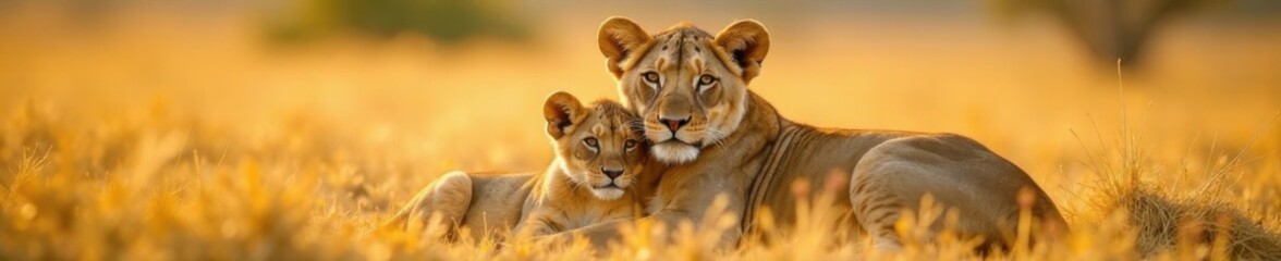 Lion cubs and mother lion snuggling on the savannah, warmth, lion, savannah