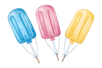 A colourful vector illustration shows a cold, sweet ice cream balloons.