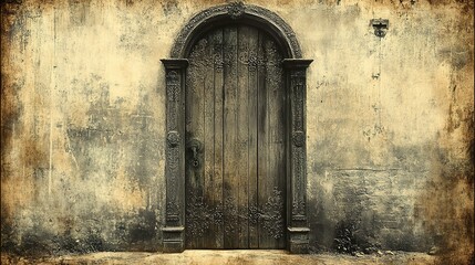 Ornate Wooden Doorway in Weathered Wall, Evoking Mystery and Tim