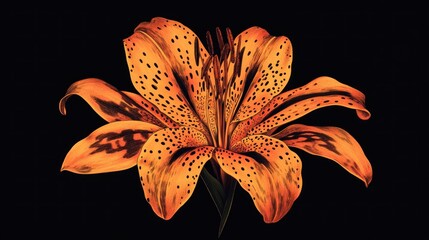 Vibrant orange lily, speckled with dark spots, against a stark black background.  Detailed close-up showcasing petal texture