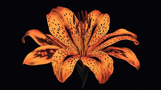 Vibrant orange lily, speckled with dark spots, against a stark black background.  Detailed close-up showcasing petal texture