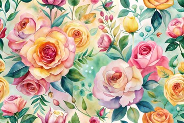 A beautiful, colorful floral pattern featuring a variety of roses and leaves in shades of pink, yellow, and green. Ideal for textile designs, wallpaper patterns, and floral-themed products.