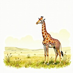 Obraz premium Watercolor illustration of a giraffe in the savannah, watercolor art, animal, nature